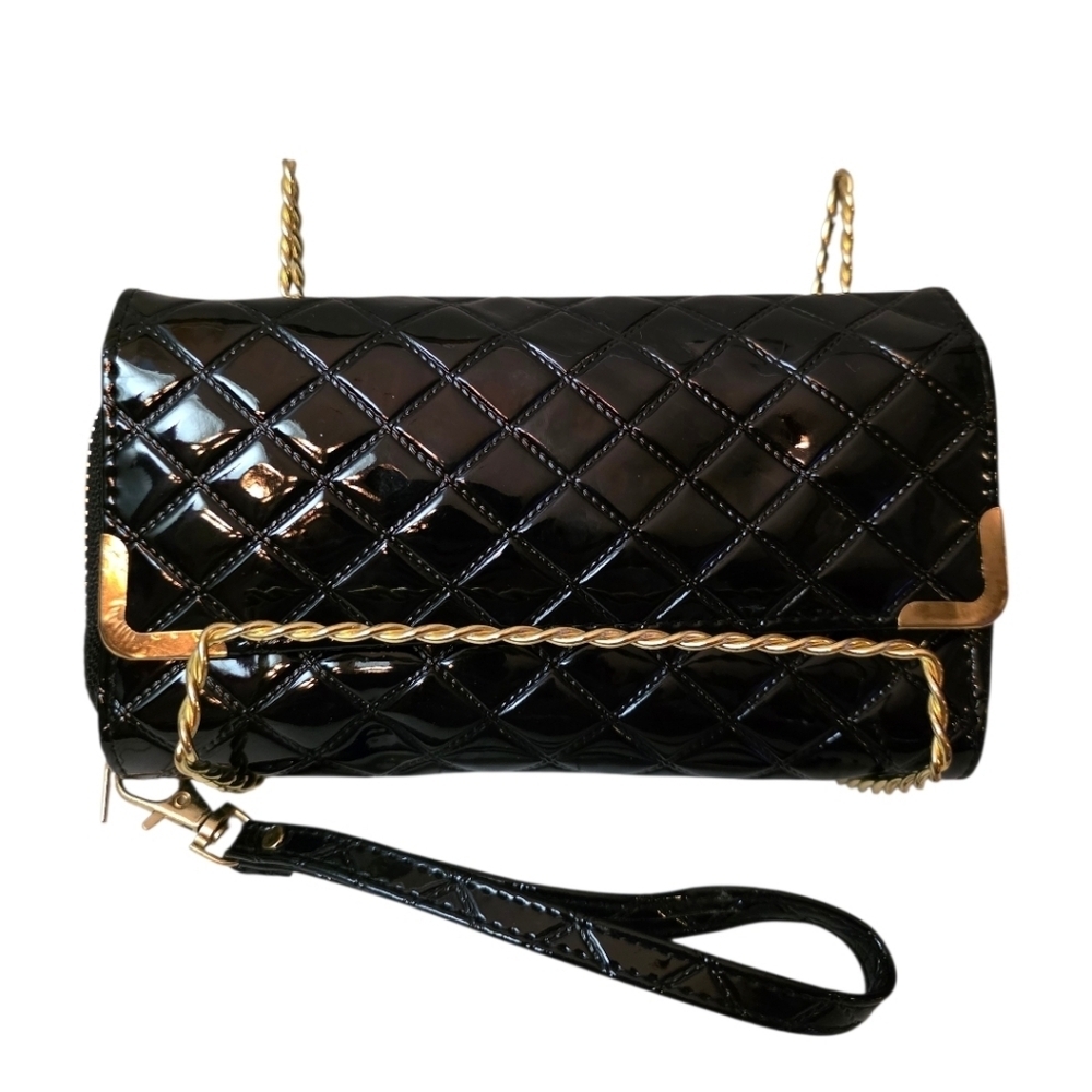 Black Quilted Patent Leather Large Double Zip Wallet & Wristlet